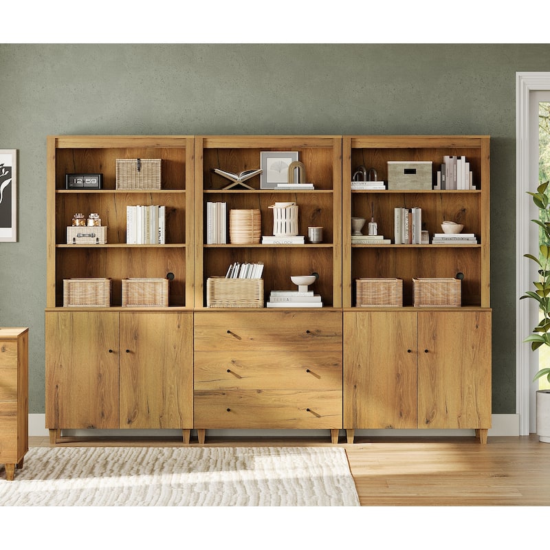 WAMPAT 71" Tall Bookshelf Set of 3, 5-Tier Modern Bookcase with 2 Cabinets and 3 Drawers for Living Room - Brown