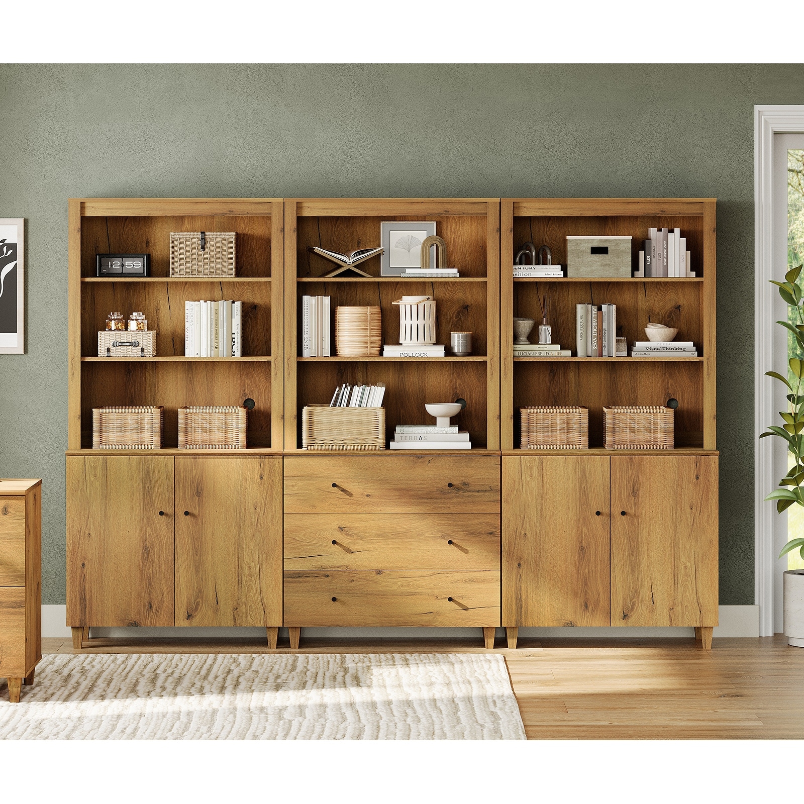 WAMPAT 71" Tall Bookshelf Set of 3, 5-Tier Modern Bookcase with 2 Cabinets and 3 Drawers for Living Room