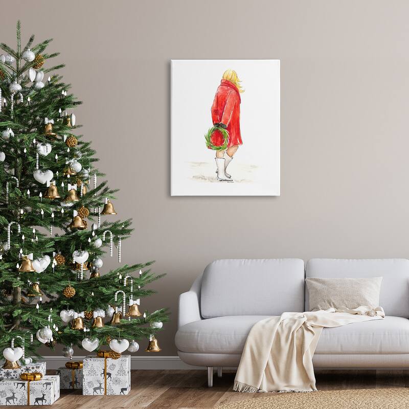 Stupell Glam Fashion Red Jacket Christmas Woman with Wreath Canvas Wall Art - White