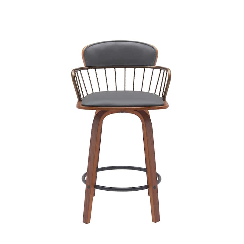 26" Gray And Wood Brown Faux Leather Swivel Low Back Counter Height Bar Chair
