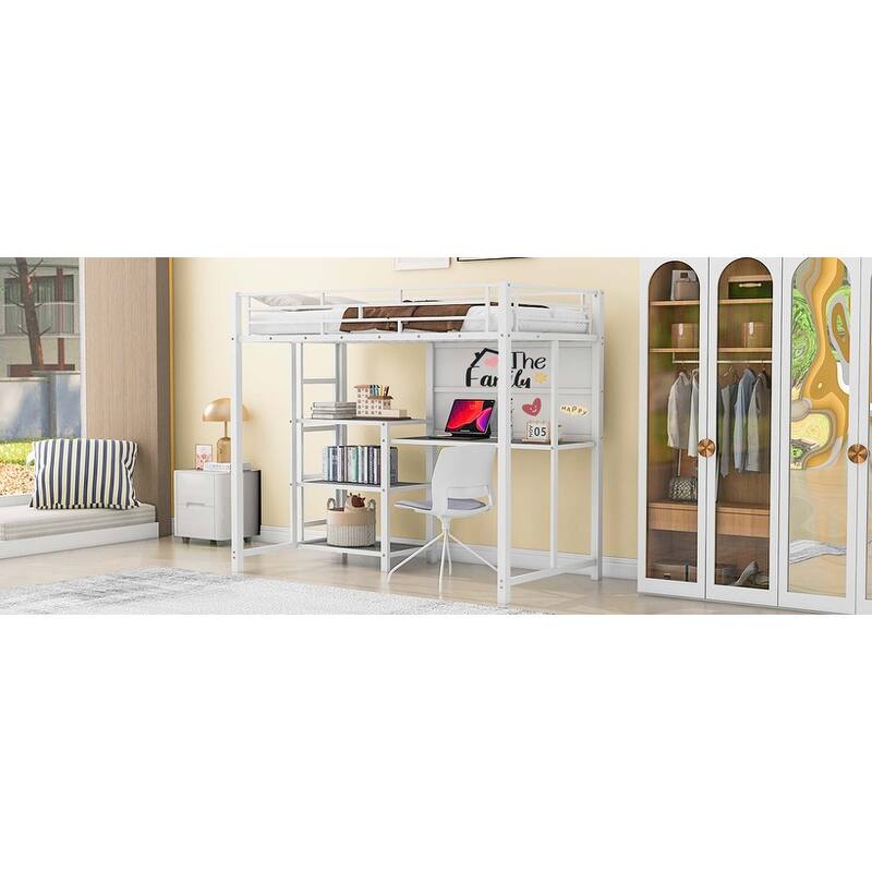 Metal Loft Bed with Shelves, Desk, Whiteboard & Ladder