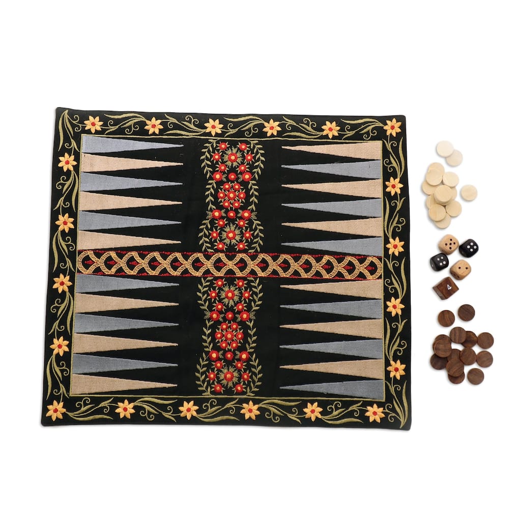 Novica Handmade Ganga Garden In Red Cotton And Wood Backgammon Set