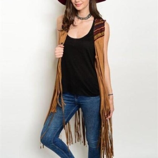 Boho Western Vintage Hippy Faux Suede Leather Fringe Camel Vest Cardigan S M L