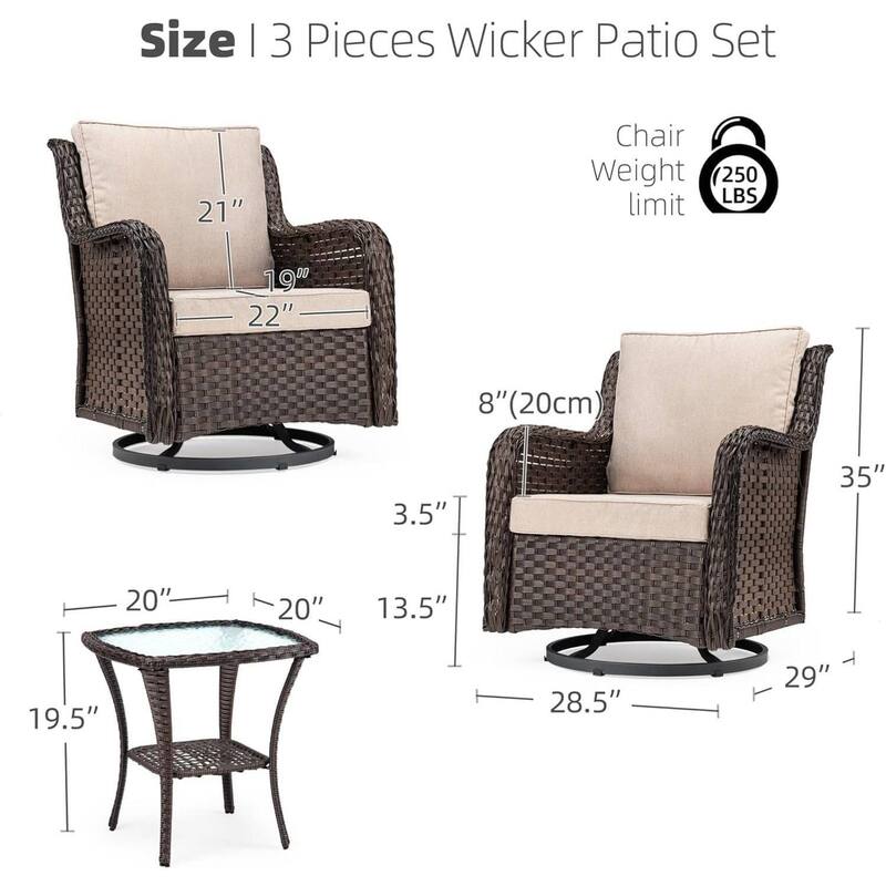 3 PCS Patio Rattan Swivel Rocking Chairs Set with Coffee Table for Backyard Garden Porch