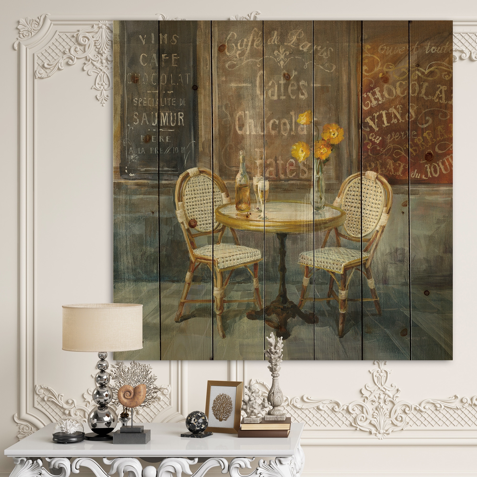 Shop Designart French Cafe Traditional Print On Natural Pine Wood Brown Overstock 25972292
