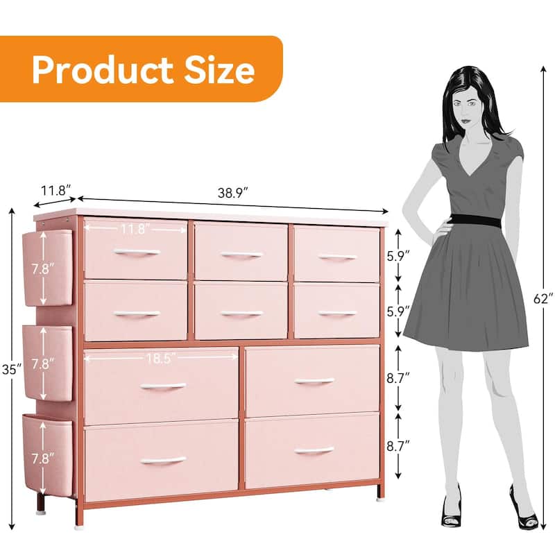Fabric 10 Drawer Dresser for Bedroom, Metal Frame Storage Organizer Chest with Side Pockets, Hooks