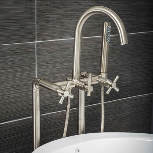 Pelham & White Luxury Tub Filler Faucet, Modern Design, Floor Mount Installation, Cross Handles, Brushed Nickel Finish. Opens flyout.