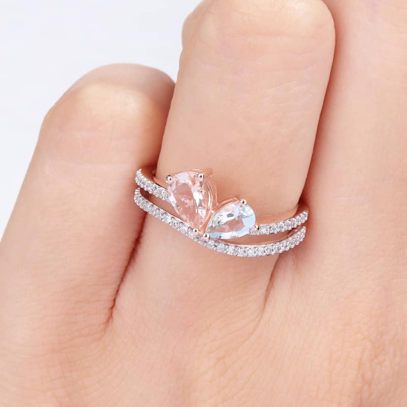 Miadora Pear shape Morganite, Aquamarine and 1/4ct TDW Diamond Open Engagement Ring in 10k Rose Gold