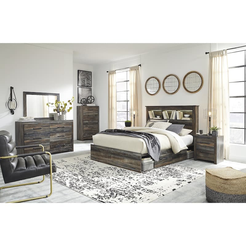 Drystan Rustic Brown Bookcase Bed with 2 Under Bed Storage Drawers