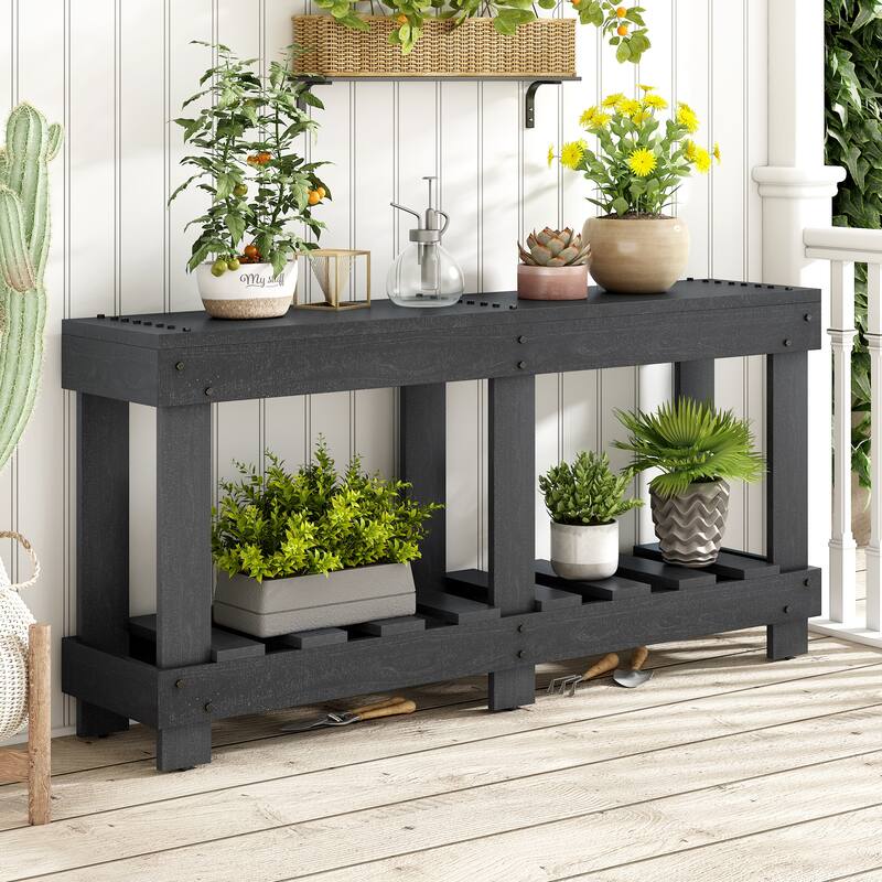 62.9" Vintage Entryway Table, Fir Solid Wood Console Table Sofa Table with Shelf, 6 Reinforced Legs and 4.5" Thick Desktop
