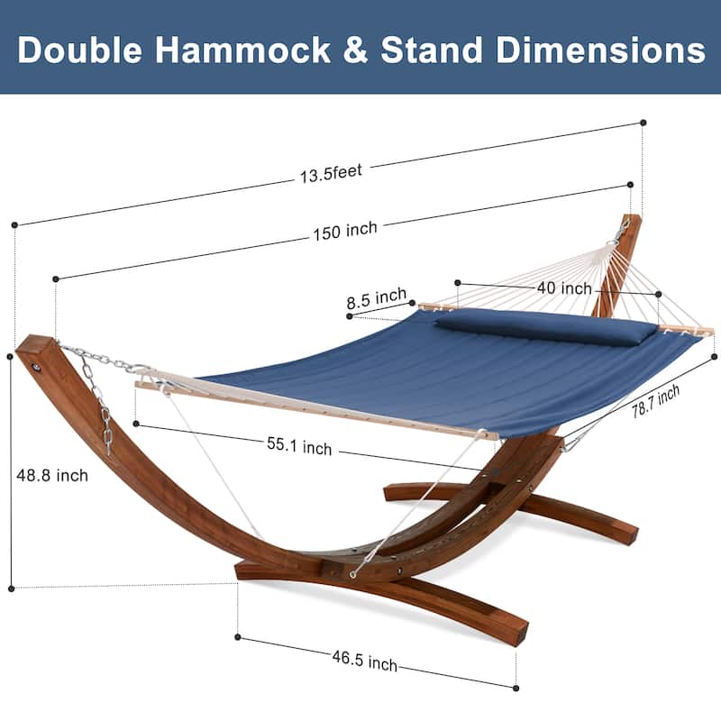 2 Person Large Quilted Hammock with 13.5 Ft Wooden Arc Hammock Stand