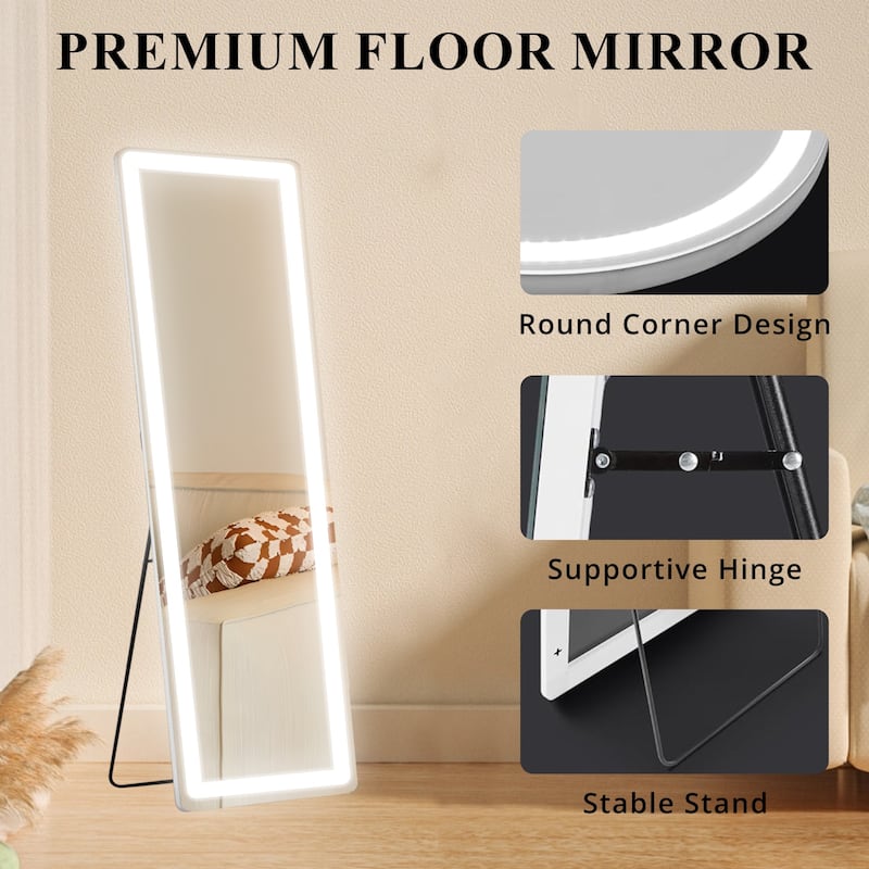 Rectangle Aluminum Alloy Frame Full Length Mirror with Stand & Dimmable 3-Color Lighting for Bedroom Cloakroom