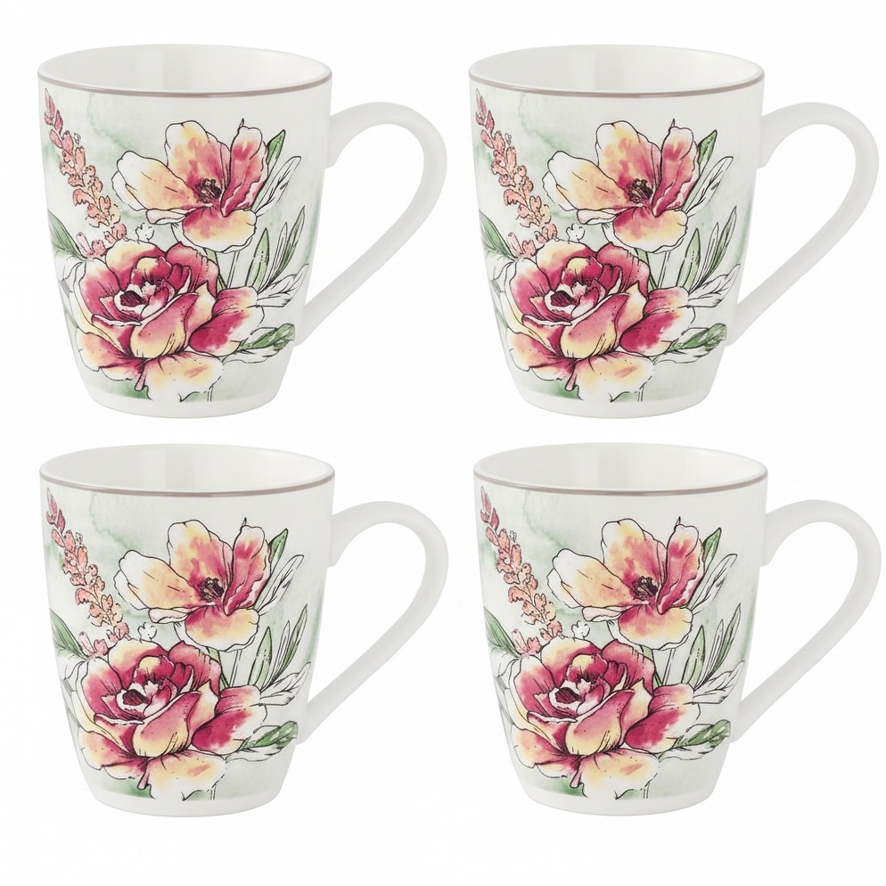 Lorren Home Trends Floral Rose Coffee Mug Set of 4, 12 Oz, Microwave and Dishwasher Safe, Bone China