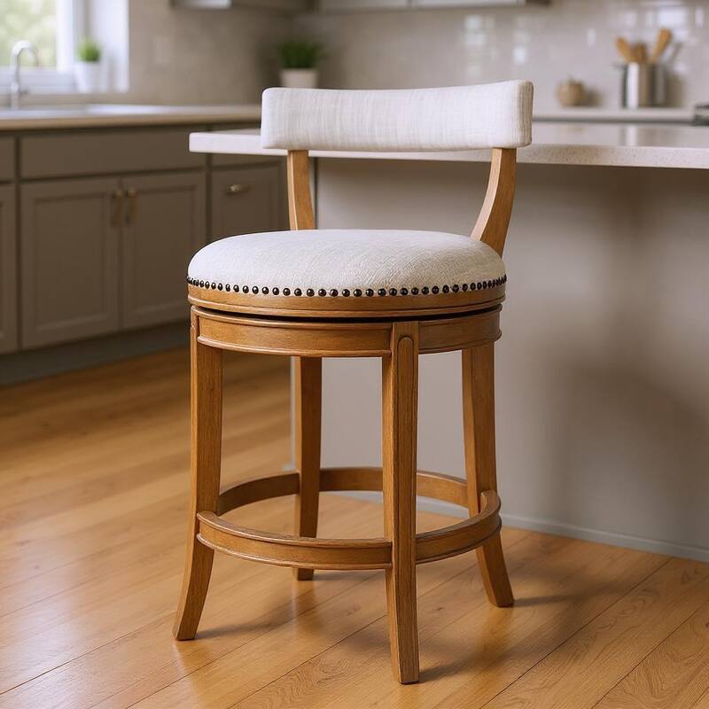 HomeRoots 26" Sand and Natural Fabric and Solid Wood Low Back Counter Height Swivel Bar Chair - Counter Height - Sand - Single
