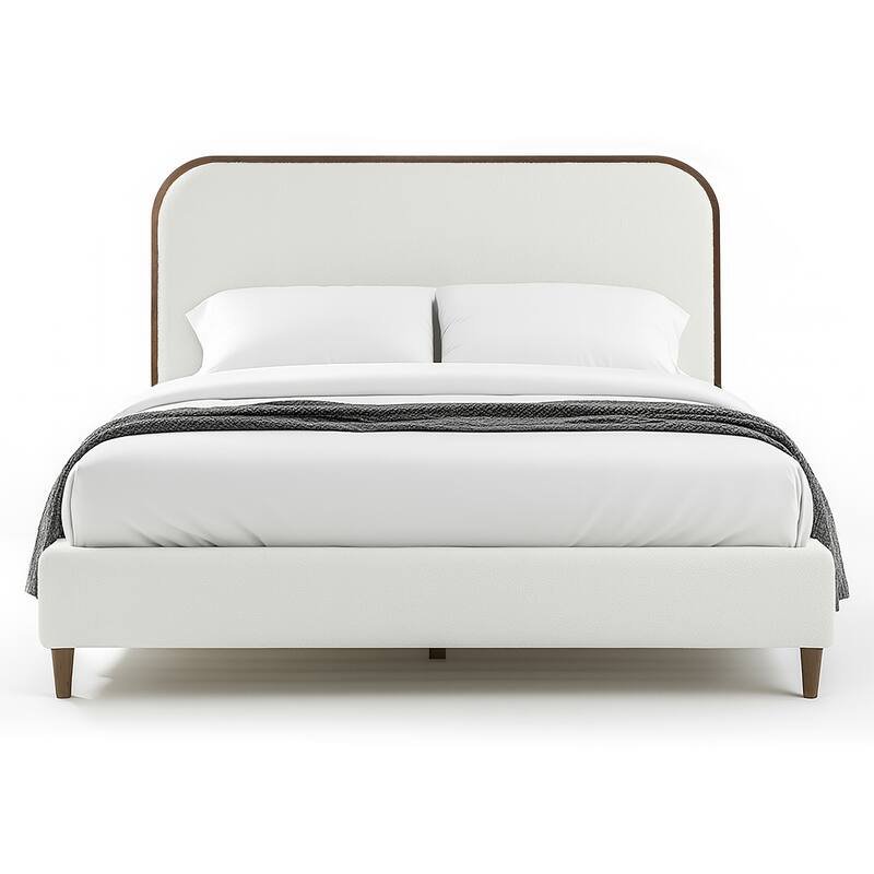 Brenda Fabric Upholstered Queen Bed with Wood Trim Accent - White