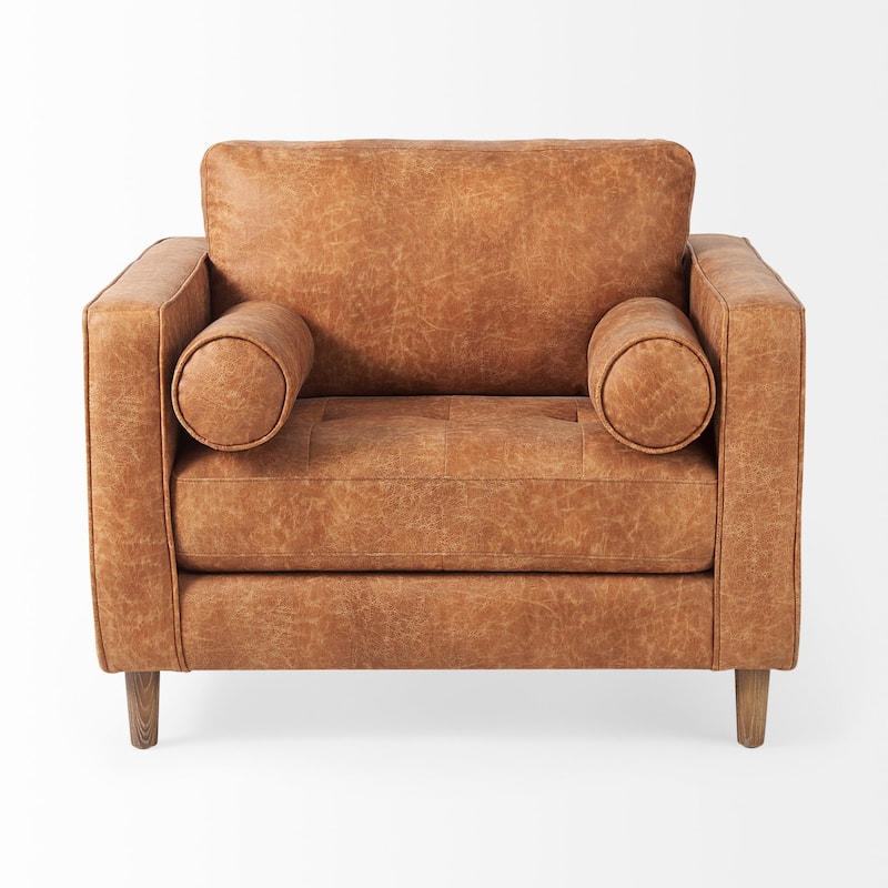 Loretta Cognac Brown Faux Leather w/ Medium Brown Solid Wood Frame Accent Chair - 40.7"W x 36.2"D x 33.8"H