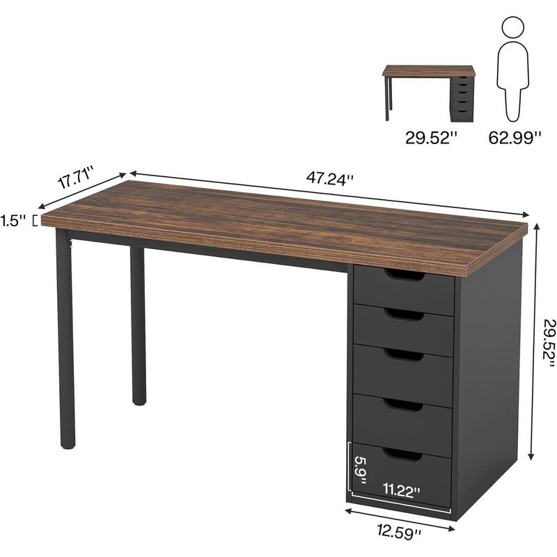 47" Computer Desk with 5 Drawers & Reversible Cabinet, Rustic Brown & Black