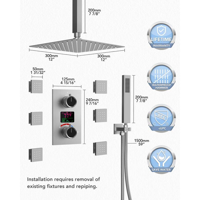 Pressure-Balanced Rainfall Shower System with LCD Display, 12" Ceiling Mount Shower Faucet Set with Body Jets