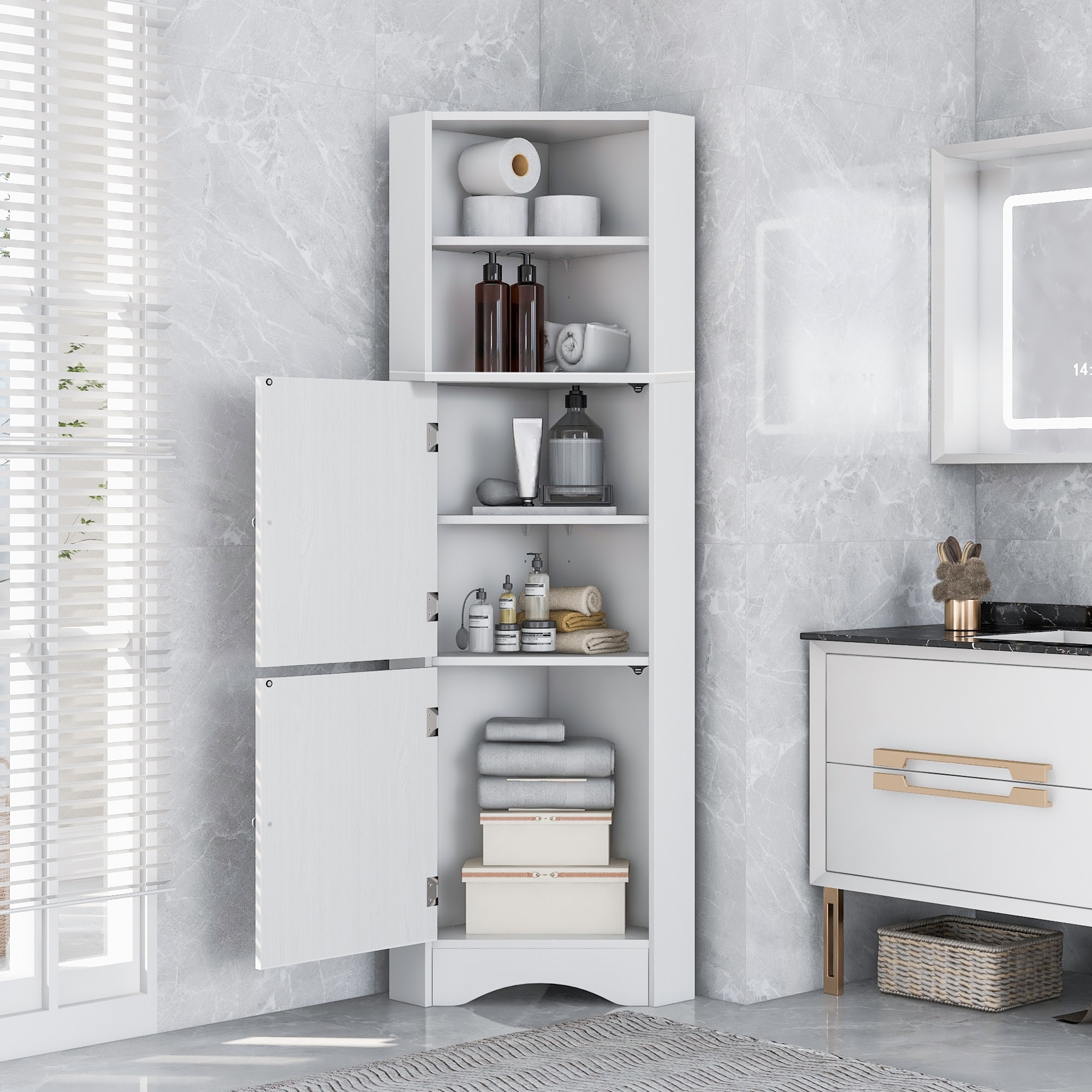 Bathroom Tall Corner Cabinet with Doors and Adjustable Shelves,White - Bathroom  Cabinet - Bed Bath & Beyond - 38459409