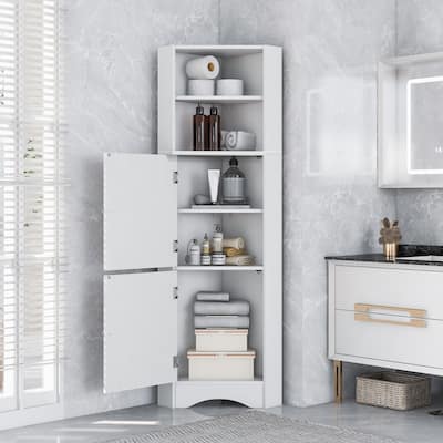 Bathroom Tall Corner Cabinet with Doors and Adjustable Shelves,White - Bathroom Cabinet