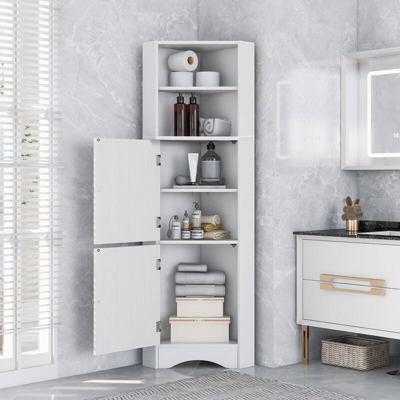 Tall Bathroom Corner Cabinet, Freestanding Storage Cabinet with Doors and Adjustable Shelves - White