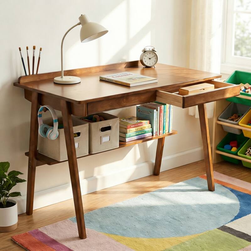 Anmytek Mid Century Modern Walnut Solid Wood Writing Desk with Drawers and Storage Shelf