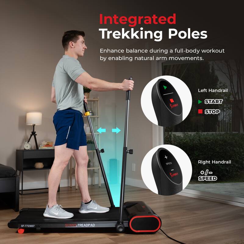 Sunny Health & Fitness Smart Slim Treadmill w Arm Exerciser SF-T723007 - Black - 49.6 x 25.4 x 50.4 Inches