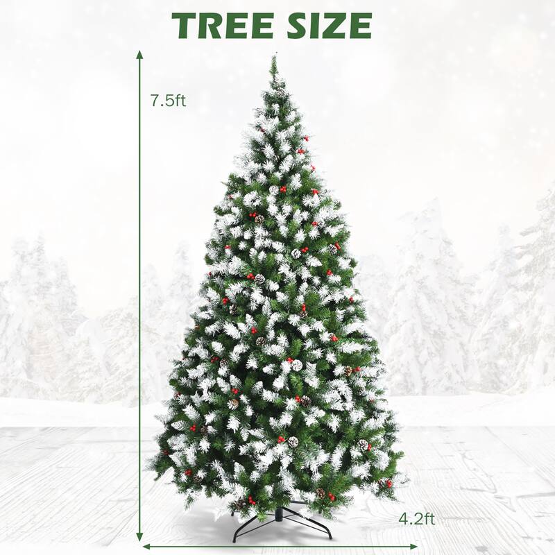 Snow Flocked Pencil Christmas Tree with Red Berries and Metal Base - 7.5 Foot