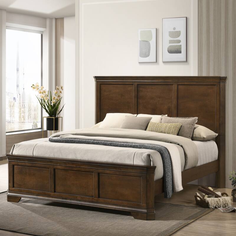 Maderne Traditional Wood Panel 5 pieces Queen Bed set with Dresser, Mirror, Nightstand and Chest - Walnut Brown