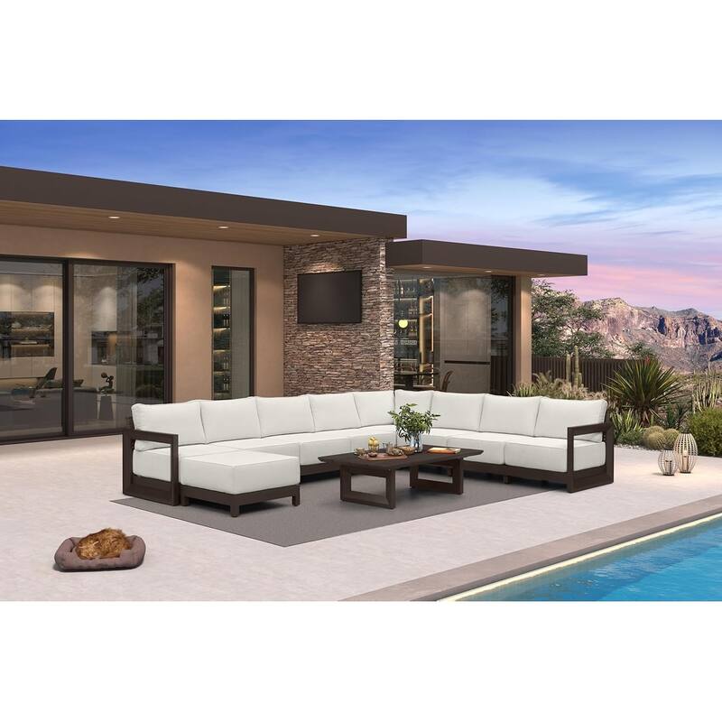 PURPLE LEAF Caesar U-Shaped White Outdoor Couch with 9.6" Thick for Yard Porch Deck Patio Conversation Sets - 8 Seats+1 Ottoman+1 Table - U-shaped