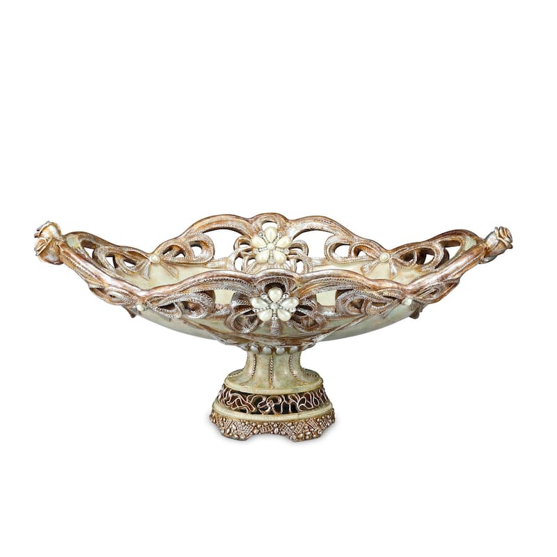 HomeRoots 9" Beige And Gold Polyresin Decorative Bowl - 11' X '9' X '20