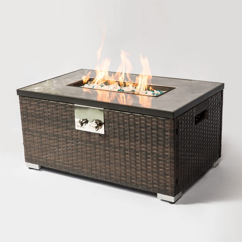Outdoor Rattan Gas Fire Table, Propane Fire Pit with Tile Tabletop