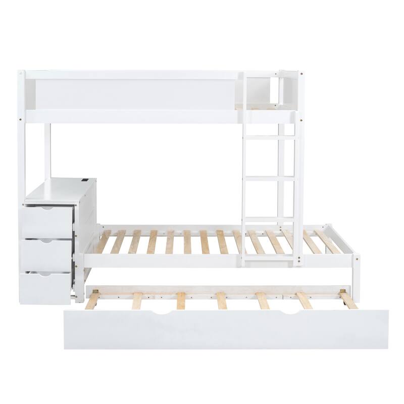 Twin-Over-Twin Bunk Bed with Trundle, Storage, Desk, USB Ports, White