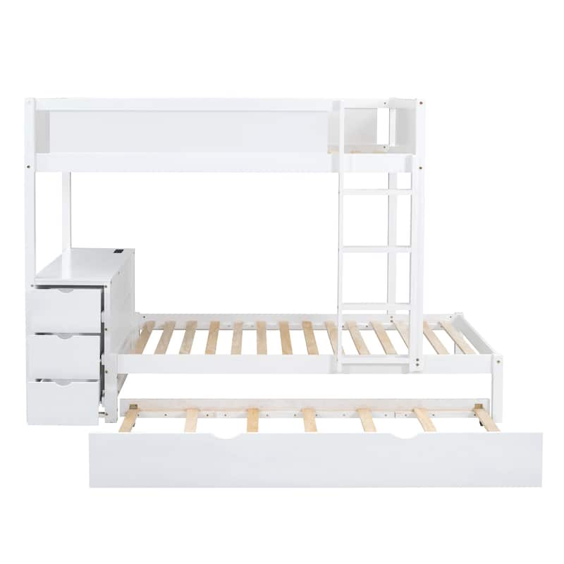 Twin-Over-Twin Bunk Bed with Trundle, Storage, Desk, and USB Ports, White Finish - Space-Saving Design, Sturdy Construction