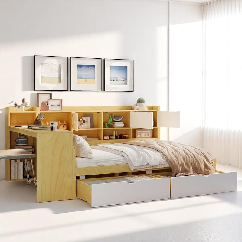 Space-Saving L-Shaped Daybed with Seven Storage Cabinets, Two Drawers, and Adjustable Study Desk - Natural - Full