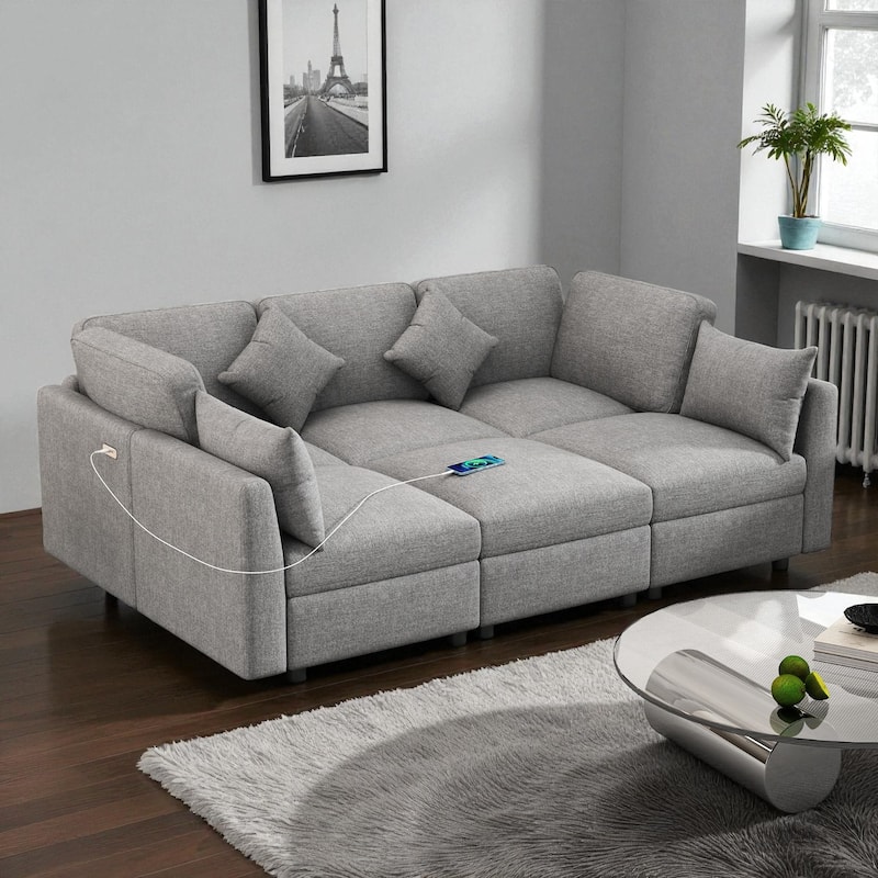 86.6" Modular Sectional Sofa with Ottoman and USB Ports, U-Shaped L-Shape Couch Bed with Chenille Fabric for Living Room - Light Grey
