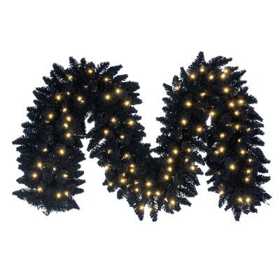 Vickerman 9' x 14" Flocked Black Fir Artificial Garland, Dura-Lit® Warm White LED Mini Lights - 9' x 14"