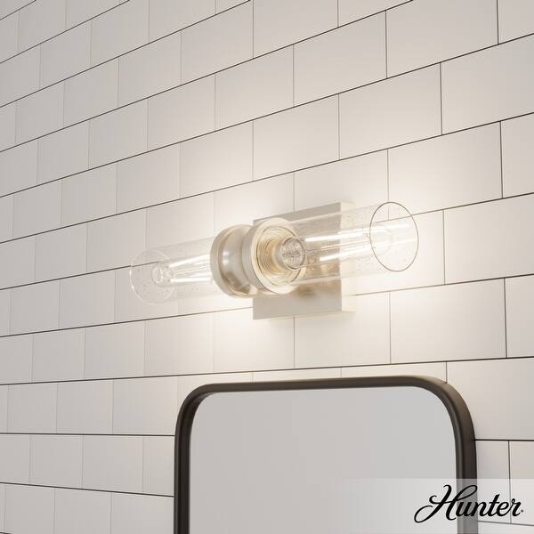 slide 2 of 9, Hunter Lenlock Vanity Wall Light - Art Deco, Damp Rated 16" - Brushed Nickel-Clear Seeded Glass