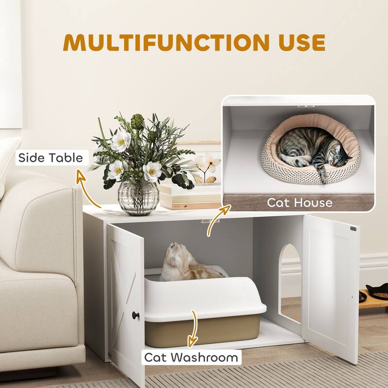PawHut Cat Litter Box Enclosure, Hidden Litter Box Furniture with Barn Door, Cat Hole, Indoor Pet House Washroom, End Side Table