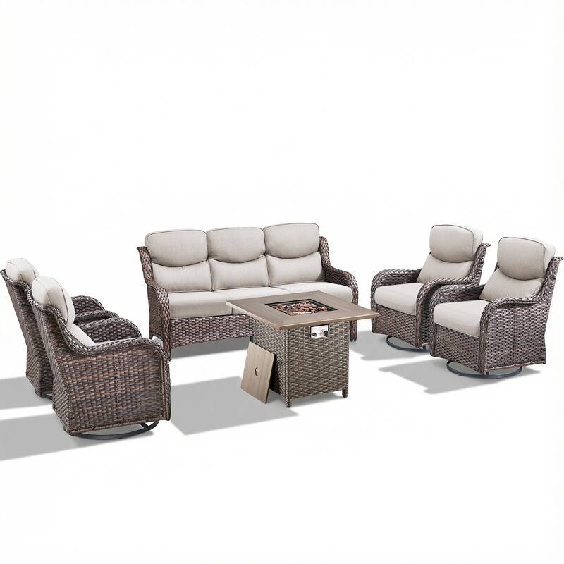 Pocassy Outdoor Propane Fire Table w/ Sofa Swivel Chair Ottoman Funiture Set.