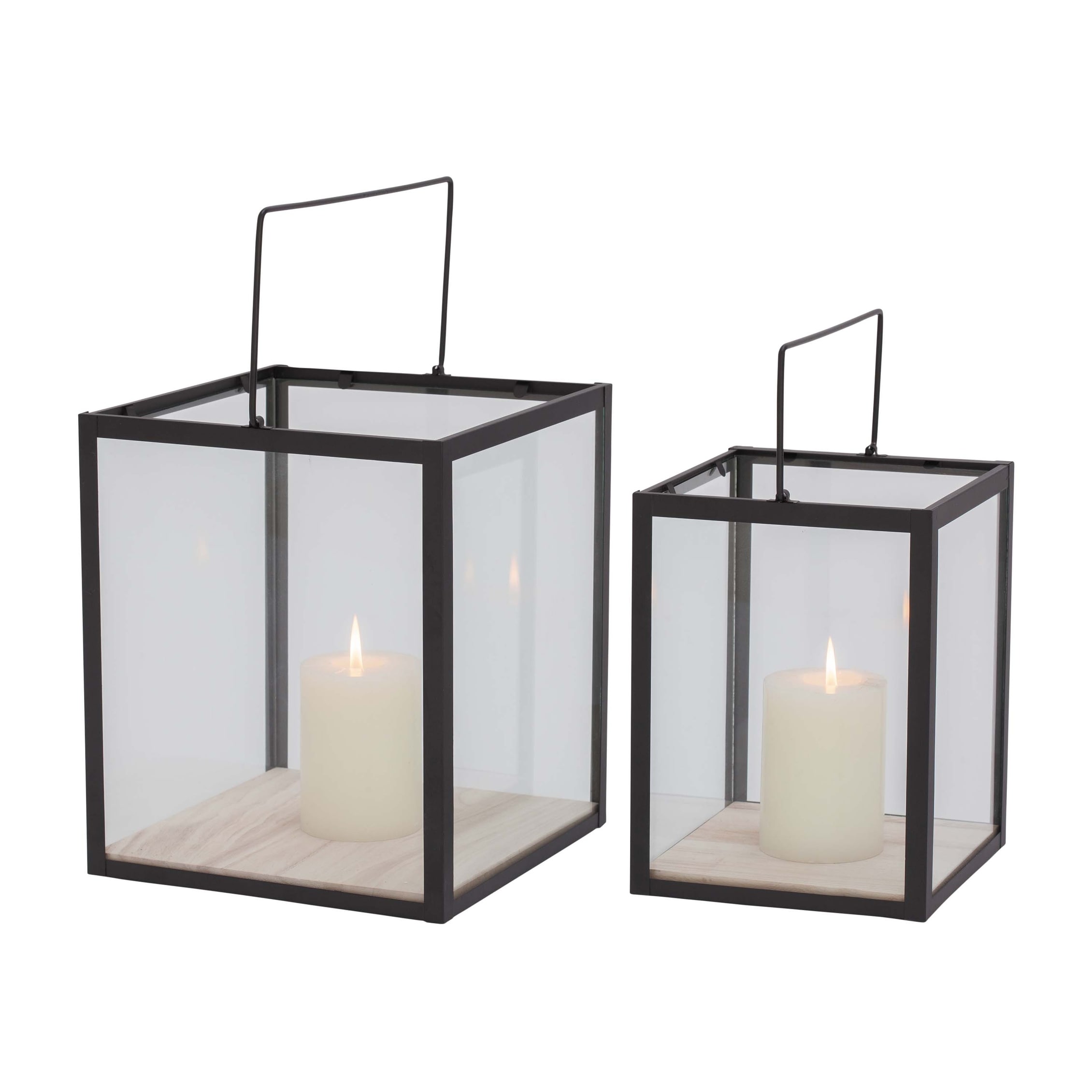 2 Piece Square Metal Frame Glass Candle Lantern Set Black Overstock 16941278