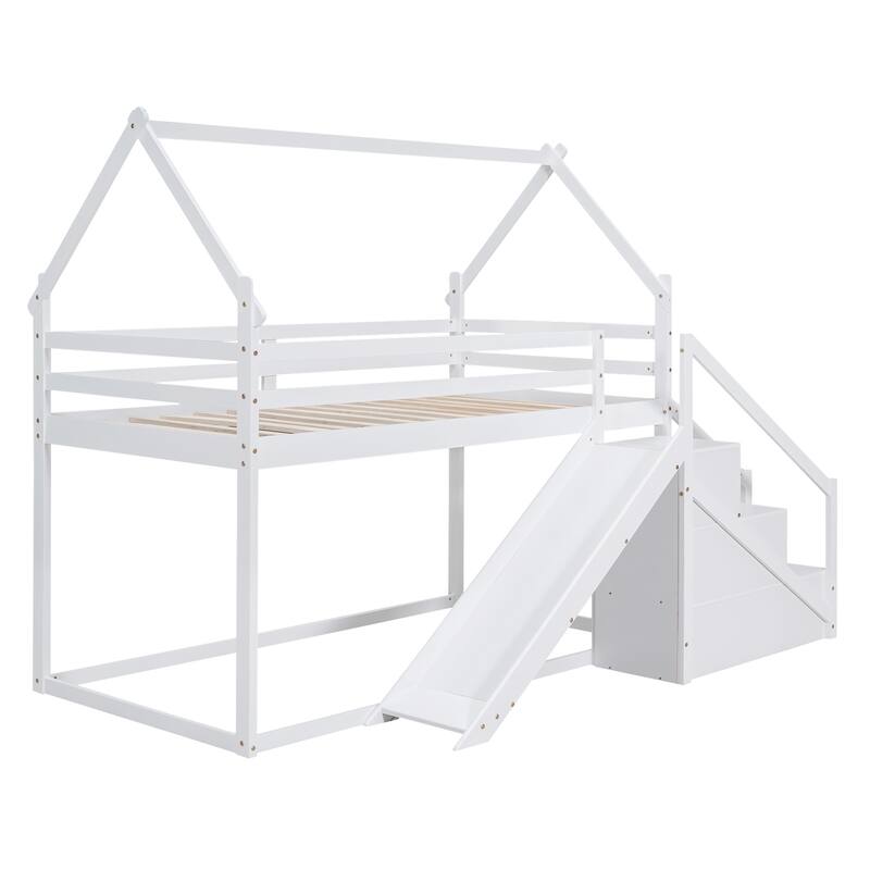 House-Themed Twin Bunk Bed with Climbing Net, Slide, and Storage Staircase
