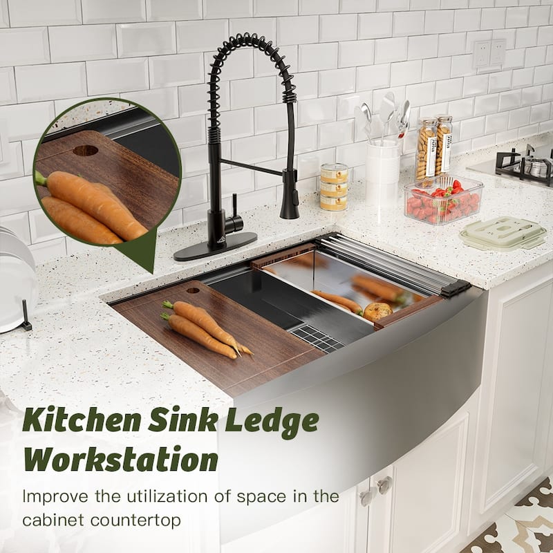 Farmhouse/Apron-Front Nano PVD Gunmetal Black Stainless Steel Workstation Kitchen Sink with 2-Function Faucet and Accessories