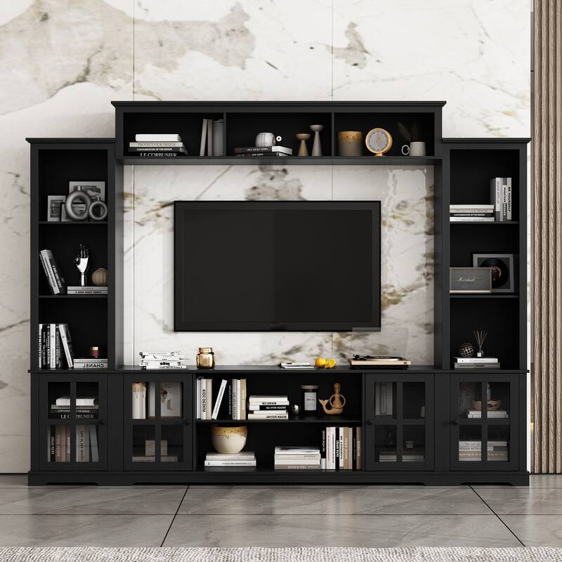 Wall Unit Entertainment Center Bookshelves TV Stand Display End Tables - 102"With Side Cabinet - Black