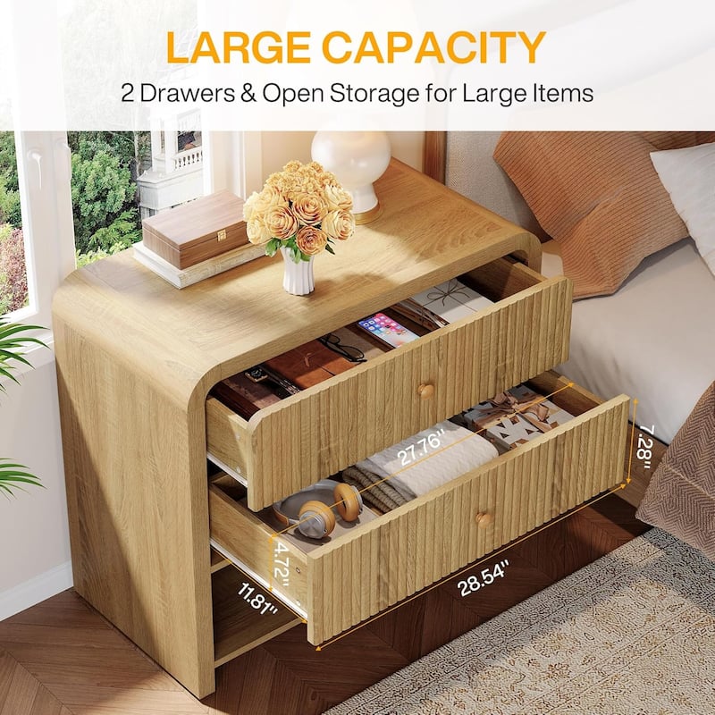 Oversized Nightstand with 2 Drawers, 31.5" Wide Modern Fluted Night Stand