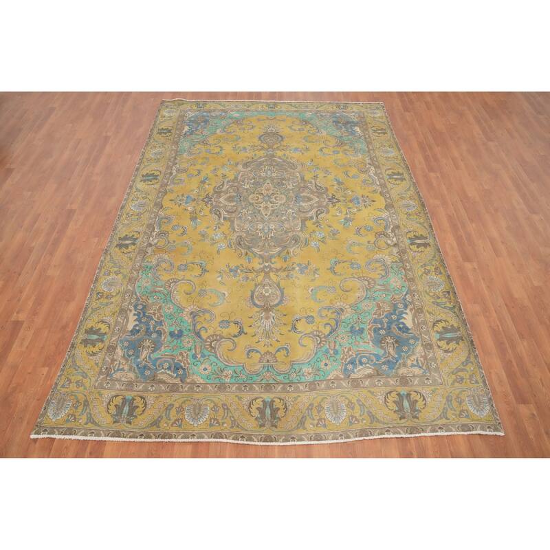 Hand Knotted Oriental 100% Wool Carpet Traditional Floral Yellow & Gold Tabriz Area Rug - 10' 11'' X 7' 6''