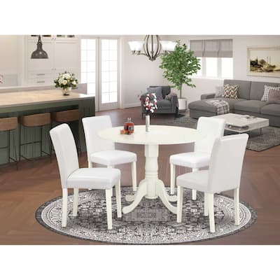 Round Kitchen Table Set 5pc 42" Table w/ Drop Leaves & 4 Parsons Chairs - White PU Leather