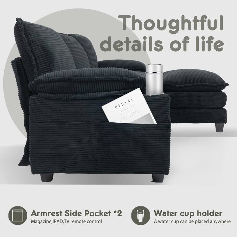 L-Shaped Modular Sectional Sofa with Ottoman, Oversized Corduroy Upholstered Cloud Couch with Cup Holders & Side Pockets
