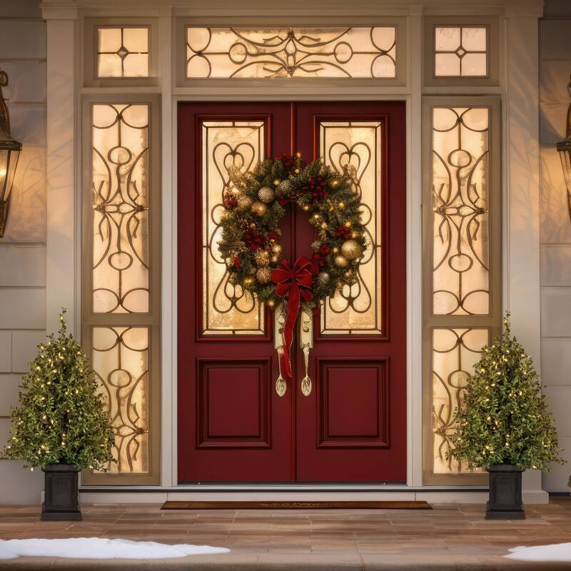 Fraser Hill Farm 4-Ft. Boxwood Porch Tree in Black Pot with Warm White Lights, Set of 2