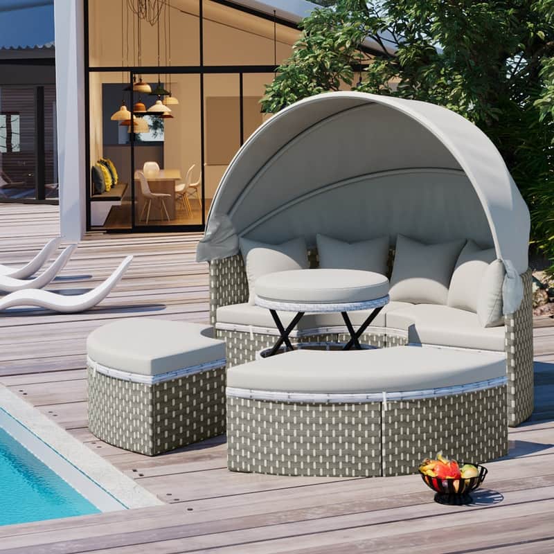 Round Patio Sectional Sofa Set – Two-Tone Rattan Daybed with Retractable Canopy & Modular Seating‌